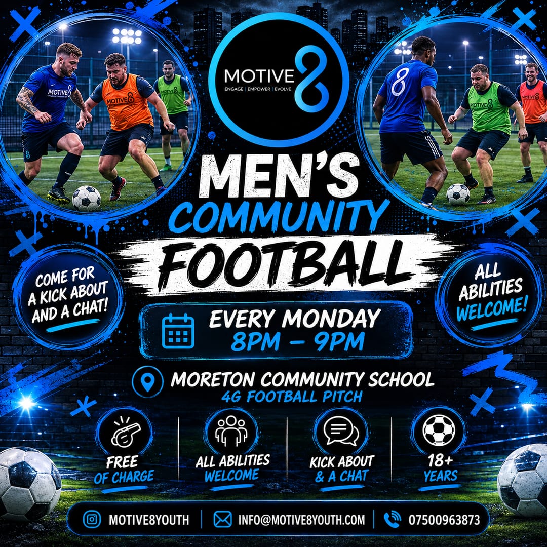 Motive8 Men's Community Football flyer — every Monday 8 to 9pm at Moreton Community School