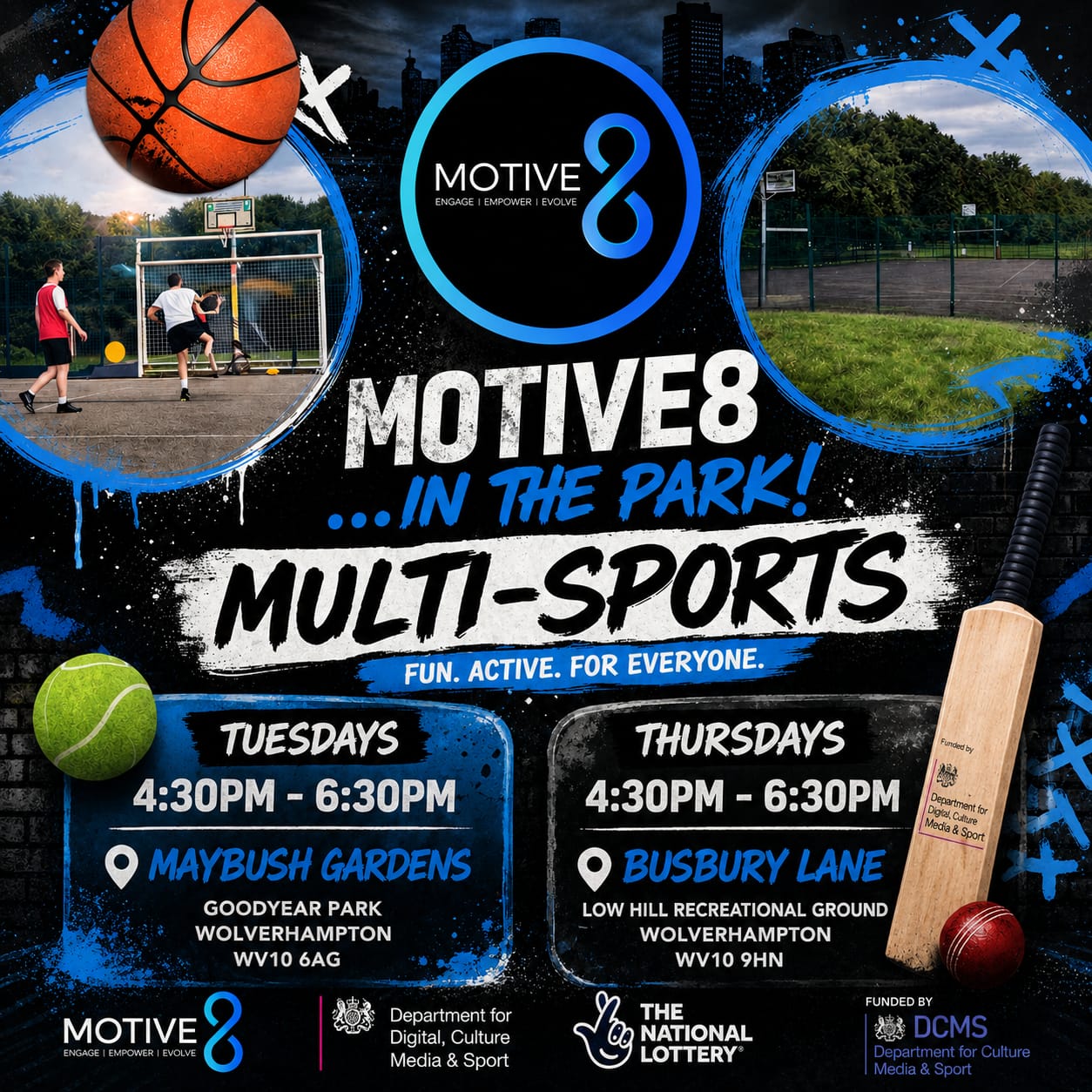 Motive8 in the Park multi-sports flyer — Tuesdays and Thursdays 4:30 to 6:30pm