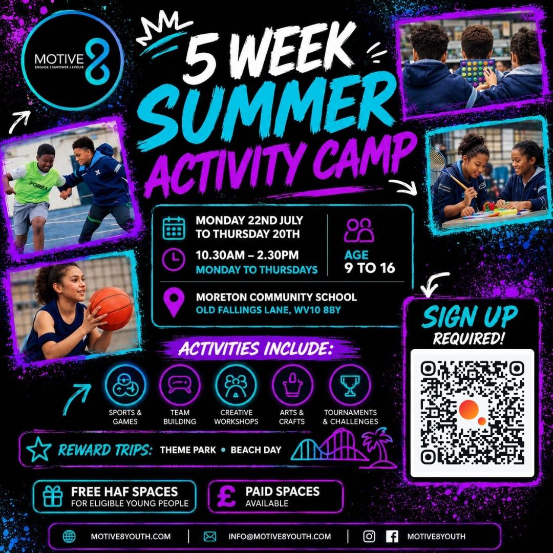 Motive8 5 Week Summer Activity Camp flyer — Moreton Community School, ages 9 to 16